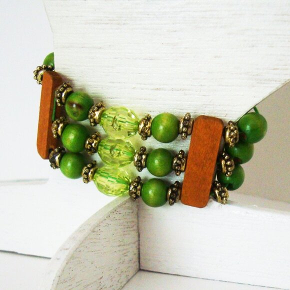 Green Boho Beaded Triple Strand Bracelet Earth Tone Golden Beads - Picture 2 of 7